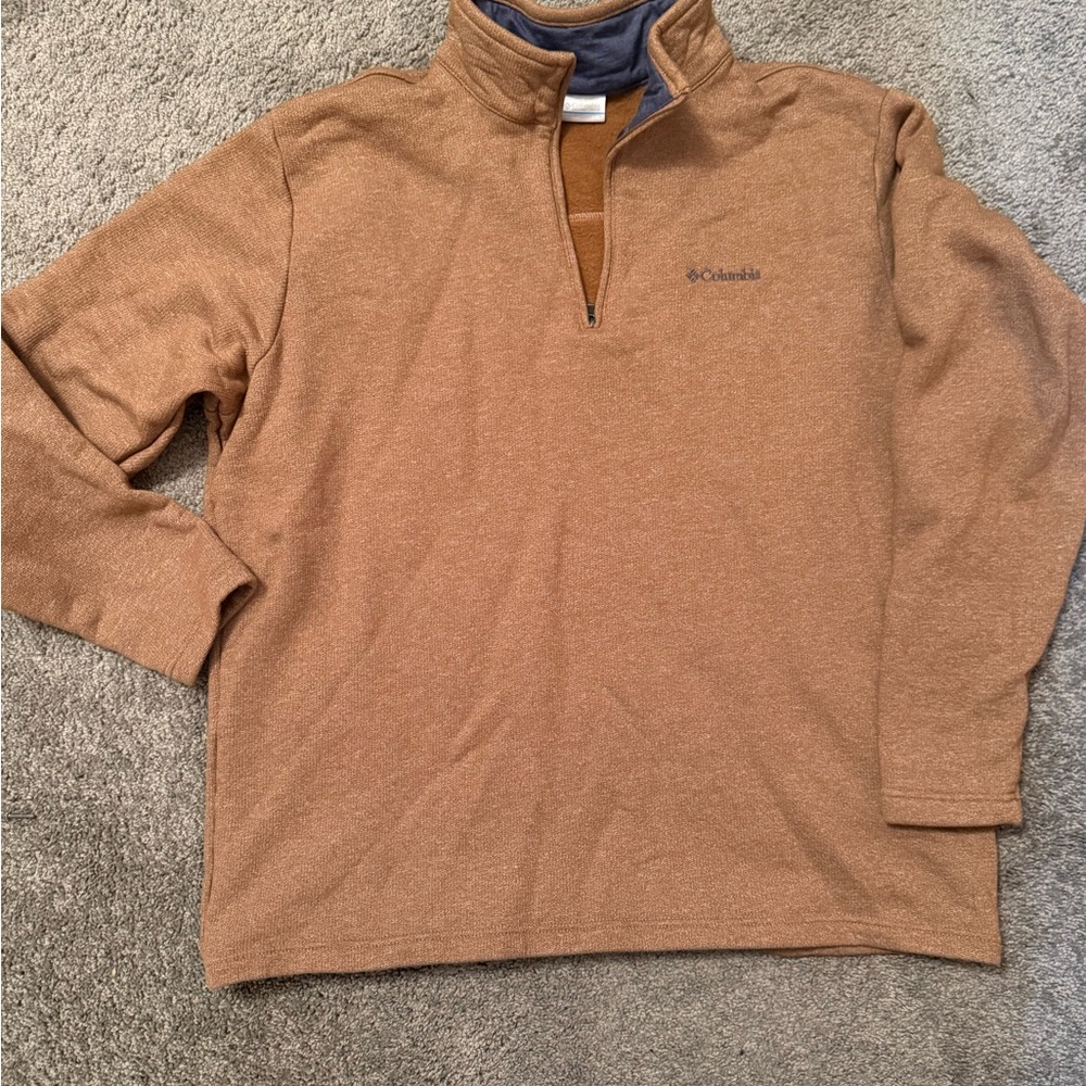 Columbia Men's Tan Half-Zip Fleece Pullover with Navy Trim